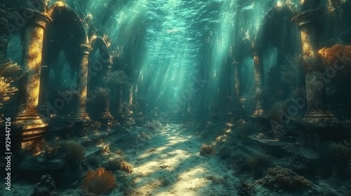 mystical underwater forest with bioluminescent kelp ancient sunken ruins and schools of ethereal deepsea creatures