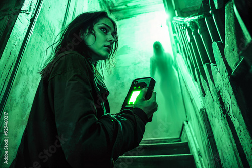 Ghost hunting woman with EMF meter, paranormal investigation, green night vision