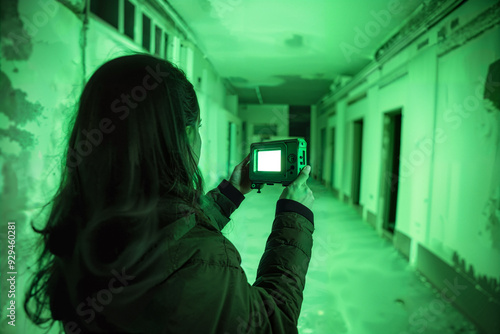 Ghost hunting woman with EMF meter in old abandoned building, paranormal investigation, green night vision