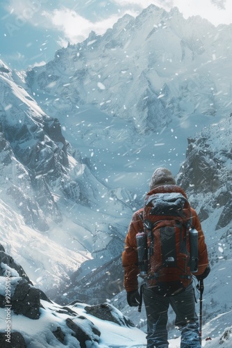 Man hikes up a snowy mountain with a backpack, great for winter adventure or outdoor lifestyle scenes