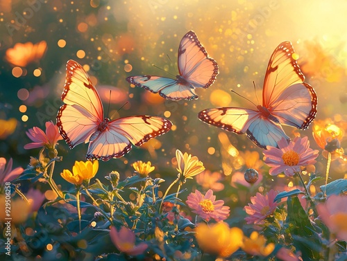 A serene garden scene showcasing a plethora of colorful butterflies resting on vibrant flo