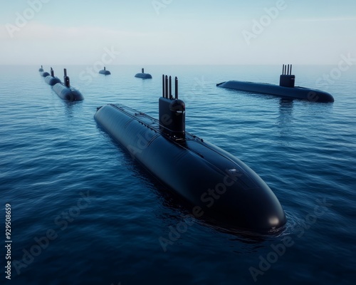 A line of military submarines navigate the open ocean on a clear day.