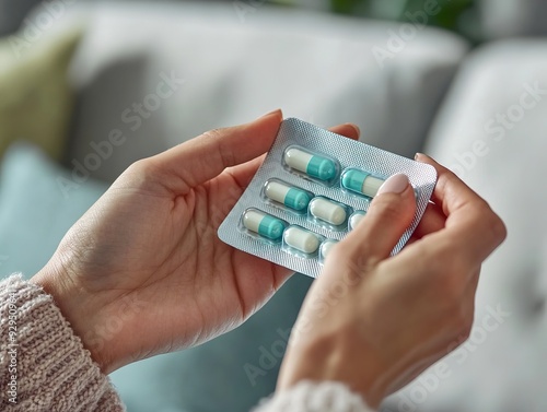 Sofy Comfort and Health: A Woman's Hand Reaching for Medication on a Cozy Day. Wellness and Caregiving Elements.