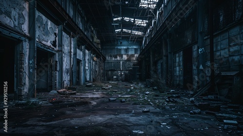 Creepy abandoned warehouse at night