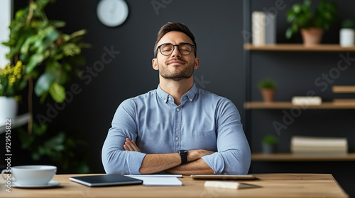 A man sits at his desk with eyes closed, arms crossed, looking relaxed and content in a modern office setting.