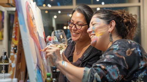 LGBTQ couple enjoying a wine and paint night, creating art and sipping wine, with a relaxed and creative atmosphere