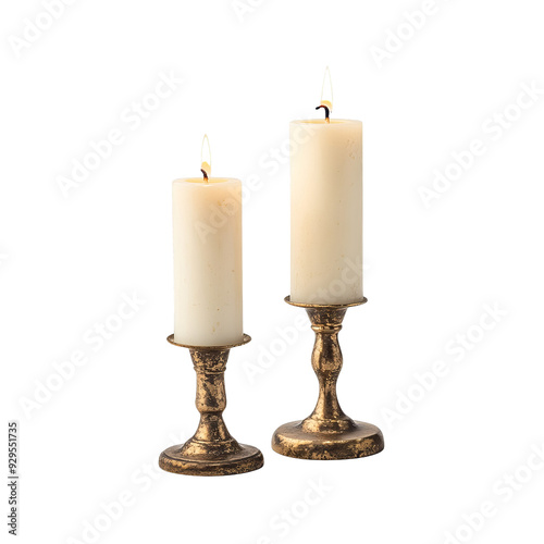 Two White Candles In Antique Gold Candle Holders