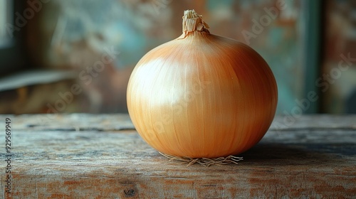 Fresh Whole Onion on Rustic Wooden Table with Blurred Background in Natural Light