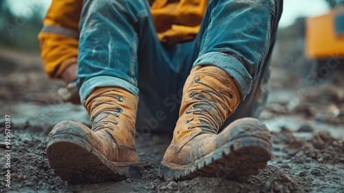 Close-Up of Muddy Work Boots on Construction Site with Worker in Background