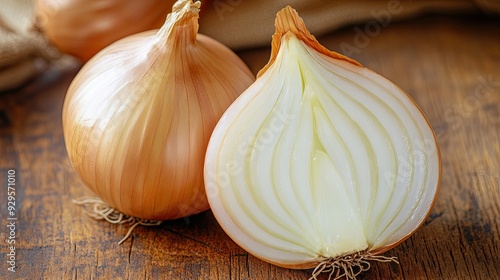 Fresh Whole and Sliced Onion on Rustic Wooden Table with Burlap Background