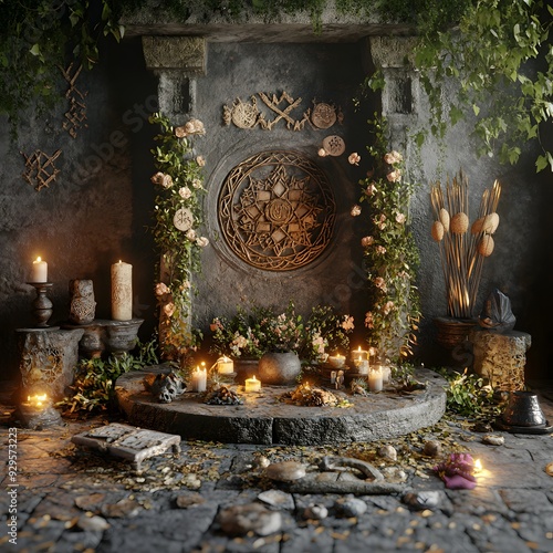 15. A 3D rendering of a pagan altar with natural elements and ritual objects