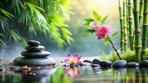 Zen garden with stones, bamboo, flowers, and water creating a tranquil atmosphere for relaxation and wellness