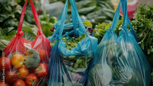 Reusable grocery bags filled with fresh vegetables