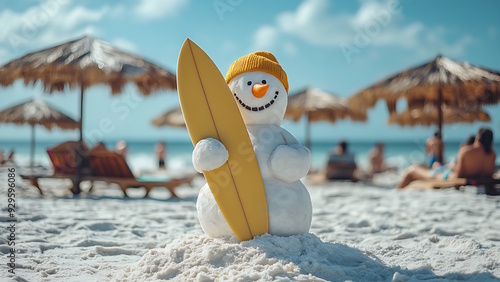 Sandy Christmas Snowman standing on a beautiful beach with a surfboard.