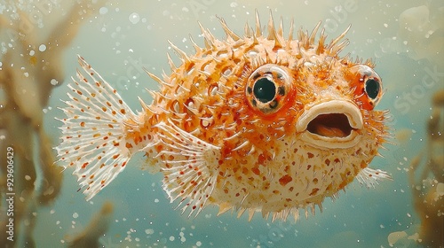 Watercolor pufferfish expanding, with a playful expression and detailed spikes.