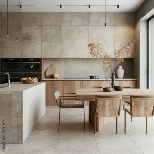 Contemporary kitchen with minimalist design: island, dining table, and chairs enhance the modern interior for a functional living space.