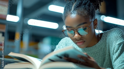 Focused student reading a book in library