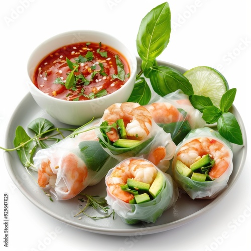 Fresh Shrimp Spring Rolls with Avocado and Chili Sauce.