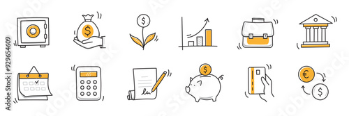 Money finance doodle hand drawn icon set. Finance business, money, bank sketch drawn cute trendy doodle icon. Business bank sketchy calculator, increase economic goal elements. Vector illustration