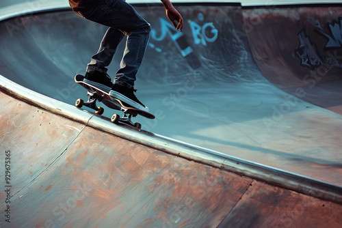 Skateboarder doing a kickflip in a skatepark in a low angle shot with high contrast blue and grey tones with minimalism and negative space and an empty area for text on the frame