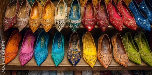 Colorful Embroidered Slippers on Display.