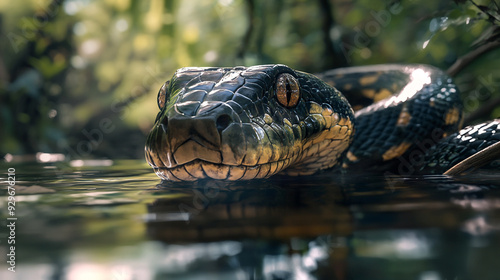 A green anaconda swimming in a lush rainforest river during the early morning light