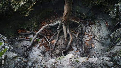 A glimpse of the delicate tree branches and roots that are visible in the sinkhole walls