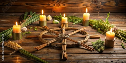 Wiccan altar set up for Imbolc sabbat with Brigid's cross amulet, candles