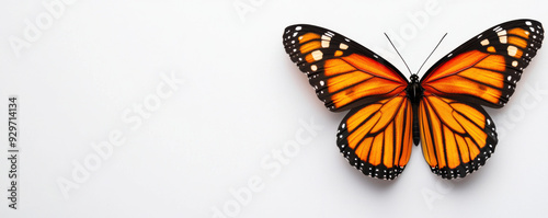 Close-up of a vibrant monarch butterfly with open wings against a white background, showcasing its intricate patterns and colors.