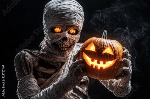 scary mummy with bandages holding a carved pumpkin - halloween character