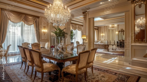 The elegant dining room with a crystal chandelier, ornate furniture, and luxurious decor creates a refined and sophisticated ambiance.