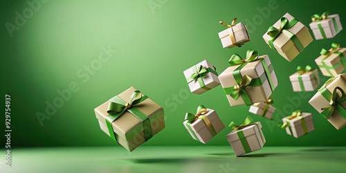 Flying gift boxes with ribbons over green background, gift, boxes, ribbons, flying, air, green background, falling, celebration