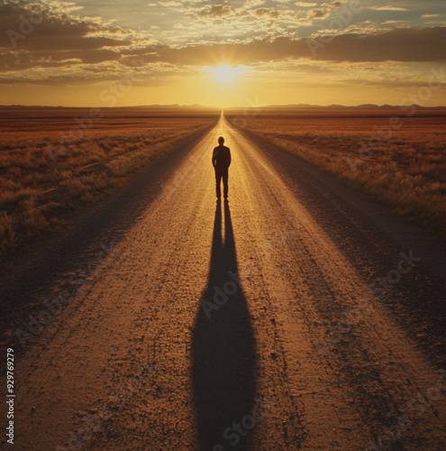 long shadow on a deserted road, A long shadow of a man on a deserted road at sunset. symbolizes a solo journey and a long road to destiny