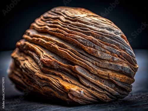 Macro view of a solitary rock on a dark background, highlighting its intricate patterns, ridges, and weathered grooves, with stunning clarity and contrast.