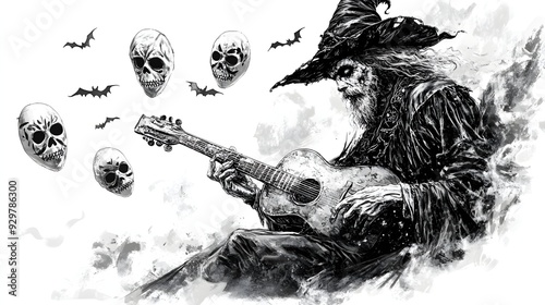 Phantom minstrel holding a cracked lute, Halloween party masks floating around, eerie monochrome sketch, isolated on white background