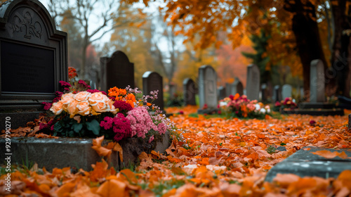 Somber autumn scene in a cemetery with vibrant flowers and fallen leaves, a woman mourns at a loved one's grave during All Saints' Day