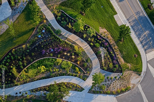 The greenery showcases a sustainable urban design with rain gardens and permeable surfaces strategically placed for managing stormwater runoff