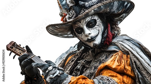 A mysterious minstrel spirit with a Venetian-style Halloween mask, playing eerie melodies, floating in the air, isolated on white background