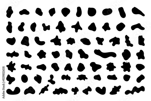 Random shapes. Organic black blobs of irregular shape. Abstract blotch, inkblot and pebble silhouettes, simple liquid amorphous splodge elements water forms creative minimal bubble stone vector set