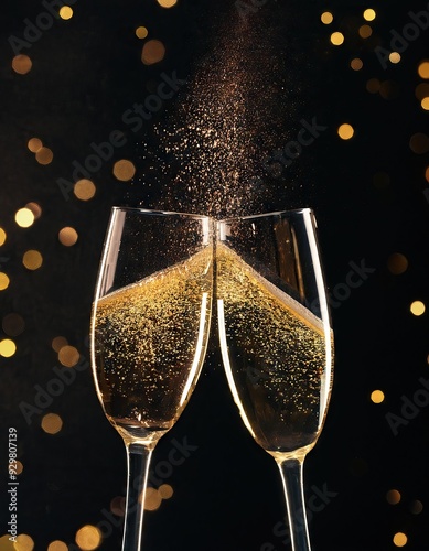 Two champagne glasses with golden sparkles over black background 