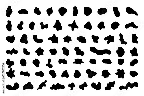 Random shapes. Organic black blobs of irregular shape. Abstract blotch, inkblot and pebble silhouettes, simple liquid amorphous splodge elements water forms creative minimal bubble stone vector set