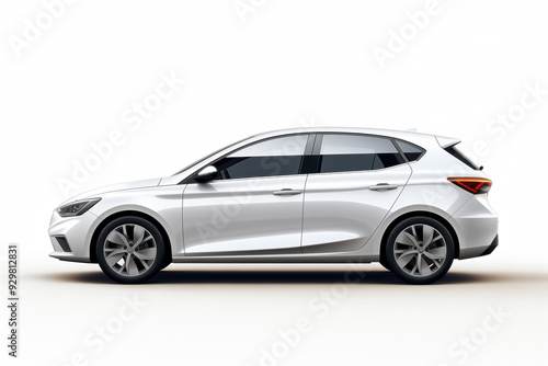 Sleek white hatchback car profile on white background during daylight, mockup, copy space