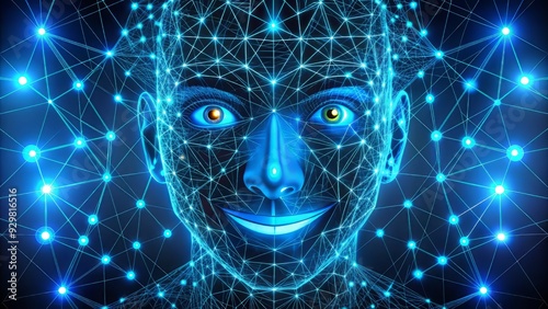 Stylized geometric pattern of interconnected shapes forms a futuristic face with glowing blue eyes and a subtle, mysterious smile on a dark background.