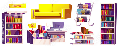 Bookstore furniture set isolated on white background. Vector cartoon illustration of books and magazines on shelves, yellow couch, cash register and computer on shop counter, library design elements