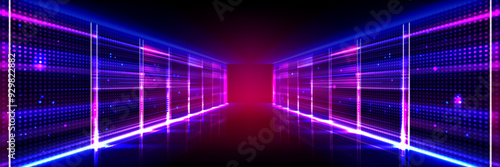 Abstract data center room with bright neon blue and pink light glowing server blocks. Realistic 3d vector illustration of tunnel with digital information and database warehouse super computer.