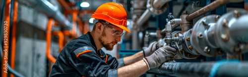 An engineer wearing safety gear is working on a water purification system in a factory setting