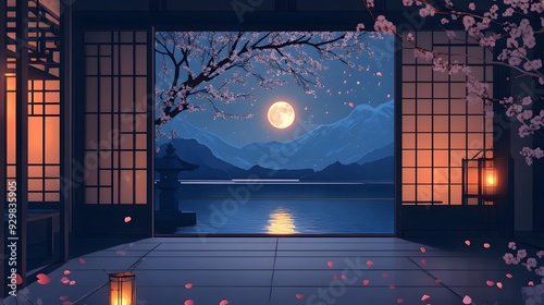 Japanese Moonlit Room. Traditional shoji interior with full moon view over tranquil lake. Serene and elegant nighttime