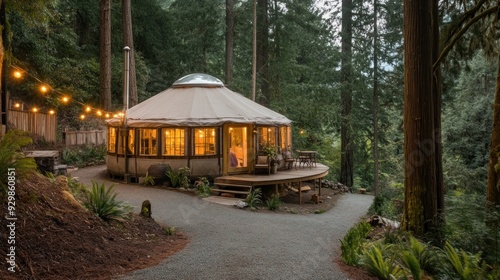 A cozy yurt nestled in a lush forest with string lights, a gravel path, and a wooden deck.