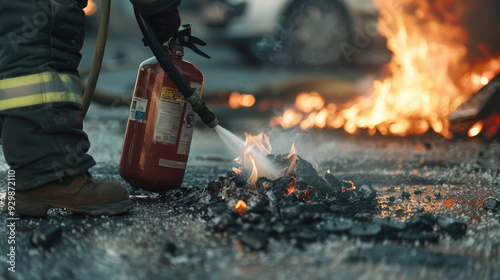 A firefighter uses an extinguisher to control flames on the asphalt during a fire incident