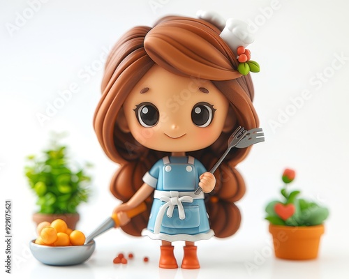 Adorable clay woman cooking full body facing front 004 cartoon, child, vector, baby, kid, illustration, smile, boy, character, childhood, children, people, woman, smiling, little, art, fun, funny, jo